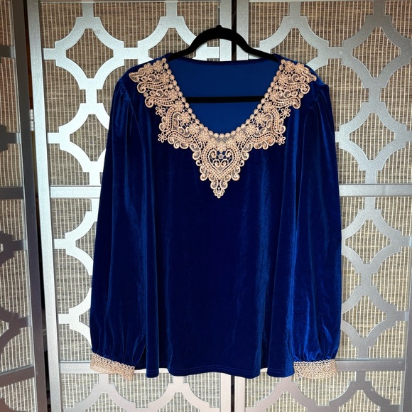 SHEIN Tops - SHEIN Royal Blue Velvet Blouse with Cream Lace